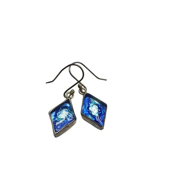 925 Sterling Silver Navy Blue Art Glass Triangle Dangle Drop Earrings VTG - Picture 3 of 5